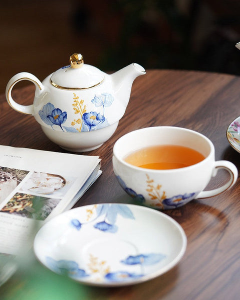 Porcelain Teapot with Matching Cup and Saucer in Gift Box, Ceramic Tea Pot with Integrated Cup, Stackable Teapot and Cup Set, Mother-and-Baby Teapot with Matching Saucer-Grace Painting Crafts