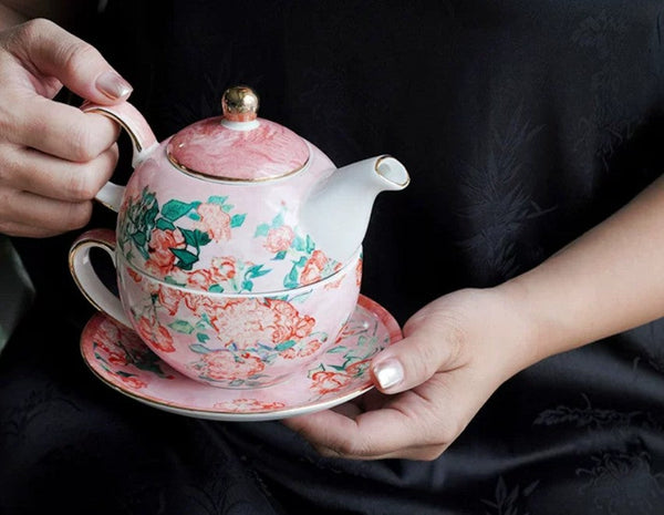 Ceramic Tea Pot with Integrated Cup, Mother-and-Baby Teapot with Matching Saucer, Vintage Style Stackable Tea Pot Set, English Style Tea Pot and Cup Set-Grace Painting Crafts