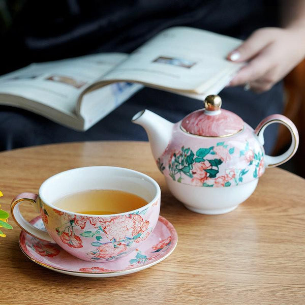 Mother-and-Baby Teapot with Matching Saucer, Vintage Style Stackable Tea Pot Set, Ceramic Tea Pot with Integrated Cup, English Style Tea Pot and Cup Set-Grace Painting Crafts