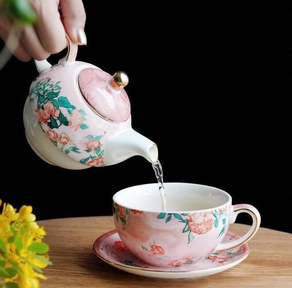 Ceramic Tea Pot with Integrated Cup, Mother-and-Baby Teapot with Matching Saucer, Vintage Style Stackable Tea Pot Set, English Style Tea Pot and Cup Set-Grace Painting Crafts
