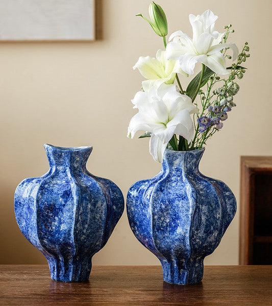 Modern Pottery Flower Vases, Handmade Water Holding Flower Vases, Centerpiece on Dining Table, Blue Ceramic Bud Vases, Tall Flower Vases on Table-Grace Painting Crafts