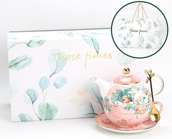 Ceramic Tea Pot with Integrated Cup, Mother-and-Baby Teapot with Matching Saucer, Vintage Style Stackable Tea Pot Set, English Style Tea Pot and Cup Set-Grace Painting Crafts