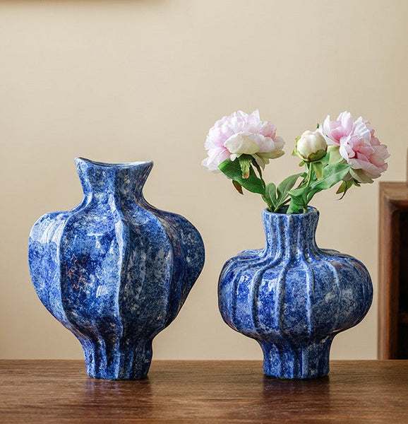Modern Pottery Flower Vases, Handmade Water Holding Flower Vases, Centerpiece on Dining Table, Blue Ceramic Bud Vases, Tall Flower Vases on Table-Grace Painting Crafts