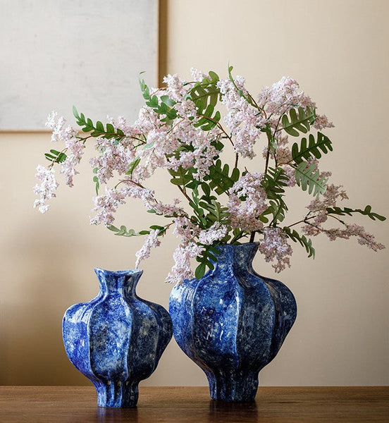 Modern Pottery Flower Vases, Handmade Water Holding Flower Vases, Centerpiece on Dining Table, Blue Ceramic Bud Vases, Tall Flower Vases on Table-Grace Painting Crafts