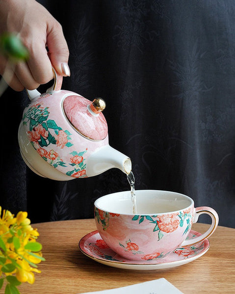 Mother-and-Baby Teapot with Matching Saucer, Vintage Style Stackable Tea Pot Set, Ceramic Tea Pot with Integrated Cup, English Style Tea Pot and Cup Set-Grace Painting Crafts