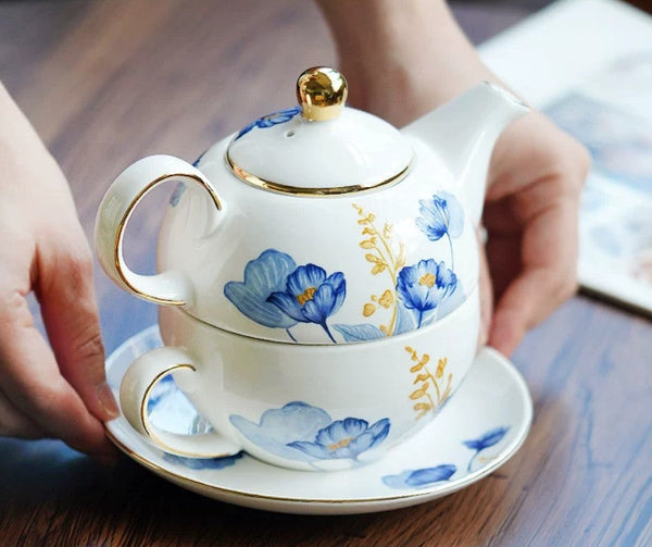 Porcelain Teapot with Matching Cup and Saucer in Gift Box, Ceramic Tea Pot with Integrated Cup, Stackable Teapot and Cup Set, Mother-and-Baby Teapot with Matching Saucer-Grace Painting Crafts
