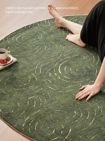 Bedroom Abstract Modern Area Rugs, Green Contemporary Modern Rugs, Geometric Round Rugs for Dining Room, Mid Century Round Modern Rugs under Chairs-Grace Painting Crafts