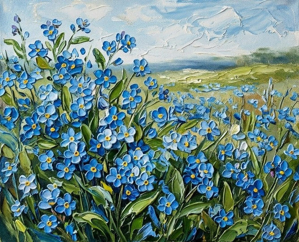 Impasto Painting, Sunlit Forget-me-not Fields, Small Canvas Artwork for Sale, Original Canvas Paintings, Heavy Texture Paintings on Canvas, Buy Paintings Online-Grace Painting Crafts