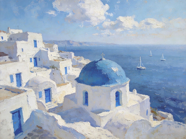 Small Landscape Paintings on Canvas, Aegean Breeze and Blue Domes, Original Oil Paintings, Palette Knife Oil Paintings, Landscape Canvas Paintings, Hand Painted Canvas Art-Grace Painting Crafts