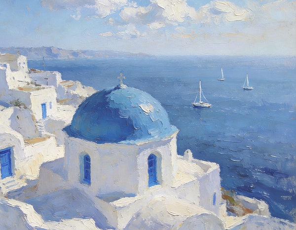 Small Landscape Paintings on Canvas, Aegean Breeze and Blue Domes, Original Oil Paintings, Palette Knife Oil Paintings, Landscape Canvas Paintings, Hand Painted Canvas Art-Grace Painting Crafts