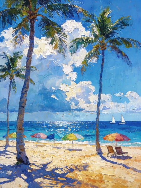 Hand Painted Canvas Wall Art, Palm Trees and Peaceful Seas, Beach Seashore Paintings, Original Artwork, Small Oil Paintings, Heavy Texture Artwork, Small Canvas Paintings-Grace Painting Crafts