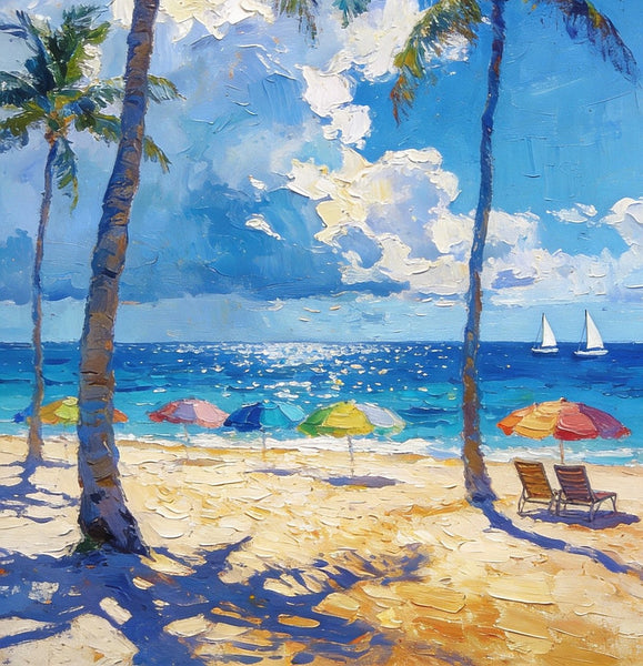 Hand Painted Canvas Wall Art, Palm Trees and Peaceful Seas, Beach Seashore Paintings, Original Artwork, Small Oil Paintings, Heavy Texture Artwork, Small Canvas Paintings-Grace Painting Crafts