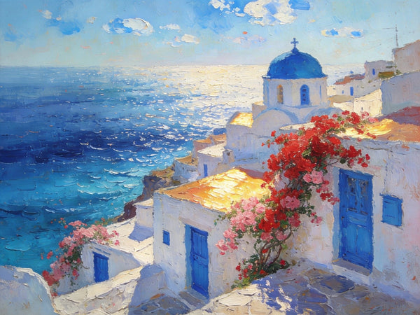Floral Vines and Maritime Blues, Aegean Blue Domes, On Canvas Small Paintings, Hand Painted Canvas Art, Small Landscape Paintings, Landscape Wall Art Paintings, Original Oil Paintings-Grace Painting Crafts