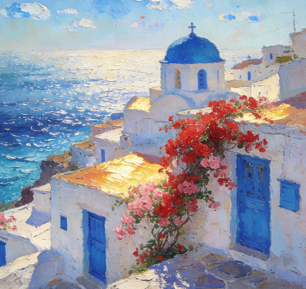 Floral Vines and Maritime Blues, Aegean Blue Domes, On Canvas Small Paintings, Hand Painted Canvas Art, Small Landscape Paintings, Landscape Wall Art Paintings, Original Oil Paintings-Grace Painting Crafts