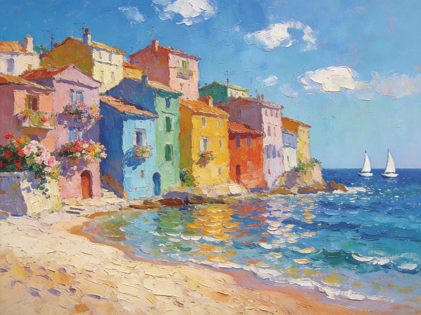 Palette Knife Oil Paintings, Seashore Town Tranquility, Original Oil Paintings, Small Landscape Paintings on Canvas, Landscape Canvas Paintings, Hand Painted Canvas Art-Grace Painting Crafts