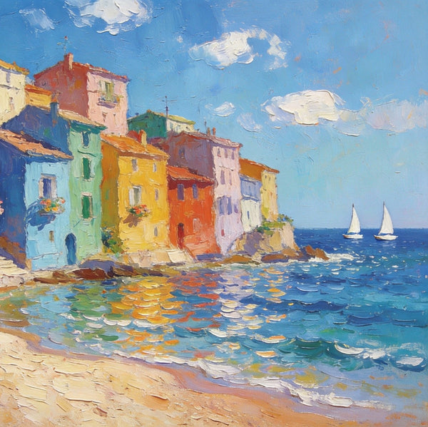 Palette Knife Oil Paintings, Seashore Town Tranquility, Original Oil Paintings, Small Landscape Paintings on Canvas, Landscape Canvas Paintings, Hand Painted Canvas Art-Grace Painting Crafts