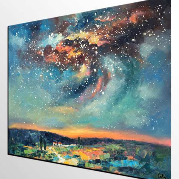 Landscape Painting, Custom Large Canvas Wall Art, Starry Night Sky Canvas Painting, Heavy Texture Wall Art-Grace Painting Crafts
