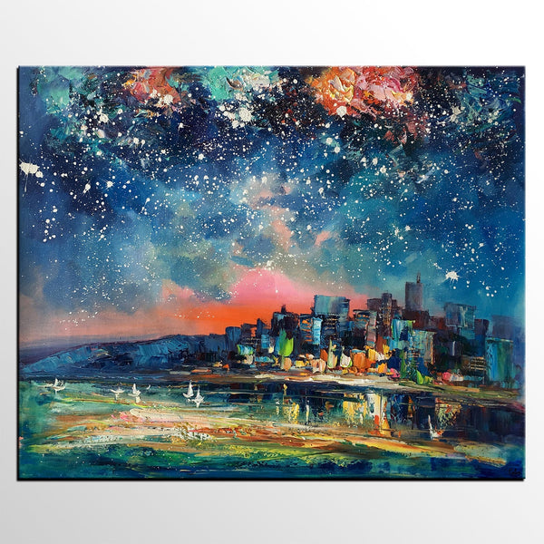 Abstract Oil Painting for Sale, Sail Boat under Starry Night Sky Painting, Custom Original Painting, Landscape Painting-Grace Painting Crafts