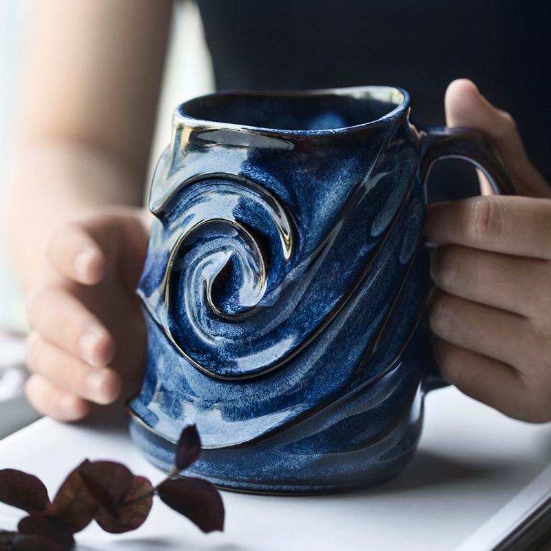 Blue Ceramic Coffee Mug, Stoneware Coffee Mugs, Large Capacity Coffee Cups, Birthday Gifts, Handmade Pottery Coffee Mug-Grace Painting Crafts