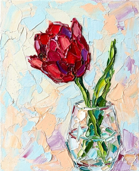 Original Oil Painting on Canvas, Original Flower Paintings, Red Tulip in Glass Vase, Hand Painted Canvas Artwork, Small Canvas Artwork for Sale, Impasto Canvas Art-Grace Painting Crafts
