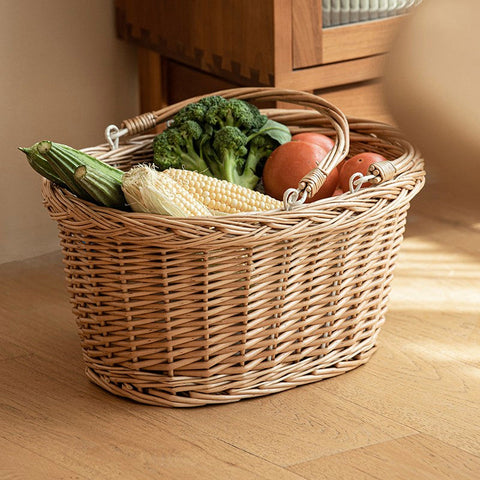 Kitchen Storage Baskets, Small Picnic Food Basket with Handle, Natural Hand-woven Wicker Storage Basket, Willow Weaving Baskets for Vegetable, Natural Fruit Basket-Grace Painting Crafts