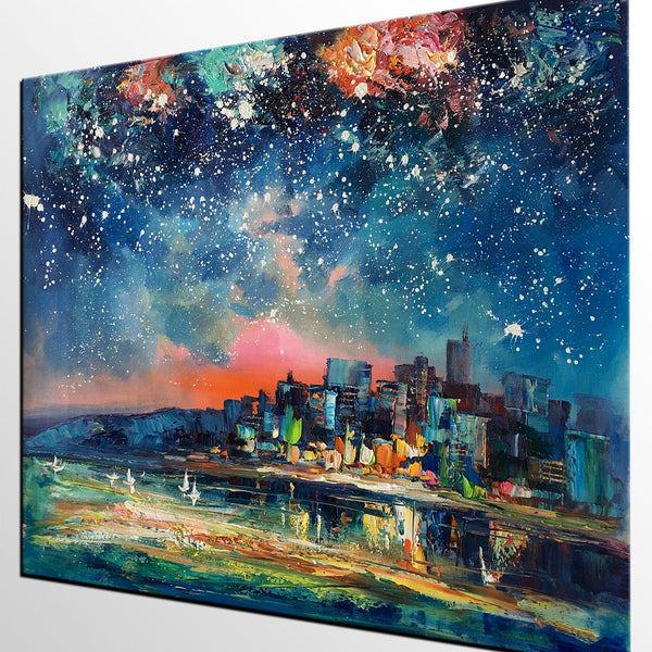 Abstract Oil Painting for Sale, Sail Boat under Starry Night Sky Painting, Custom Original Painting, Landscape Painting-Grace Painting Crafts