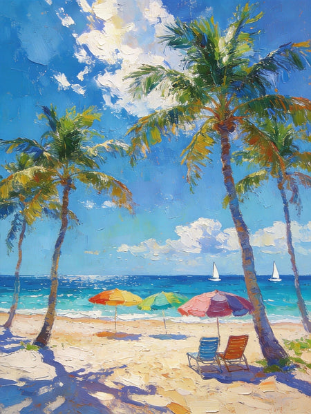 Seaside Relaxation Spot, Seashore Painting, Beach Palm Tree Paintings, Original Artwork, Small Oil Paintings, Hand Painted Canvas Art, Heavy Texture Wall Art Paintings, Small Paintings On Canvas-Grace Painting Crafts