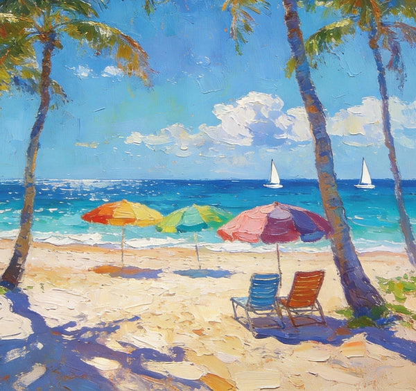 Seaside Relaxation Spot, Seashore Painting, Beach Palm Tree Paintings, Original Artwork, Small Oil Paintings, Hand Painted Canvas Art, Heavy Texture Wall Art Paintings, Small Paintings On Canvas-Grace Painting Crafts