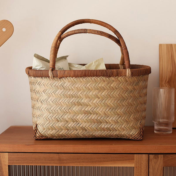Storage Basket with Handle, Large Kitchen Storage Baskets, Natural Hand-woven Bamboo Storage Basket, Lovely Bamboo Weaving Baskets for Vegetable, Picnic Fruit Storage Baskets-Grace Painting Crafts