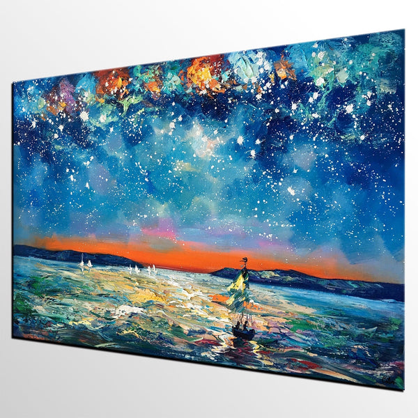 Large Canvas Art Painting, Sail Boat under Starry Night Painting, Custom Large Oil Painting-Grace Painting Crafts