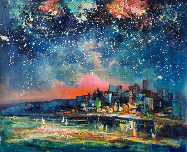Abstract Oil Painting for Sale, Sail Boat under Starry Night Sky Painting, Custom Original Painting, Landscape Painting-Grace Painting Crafts