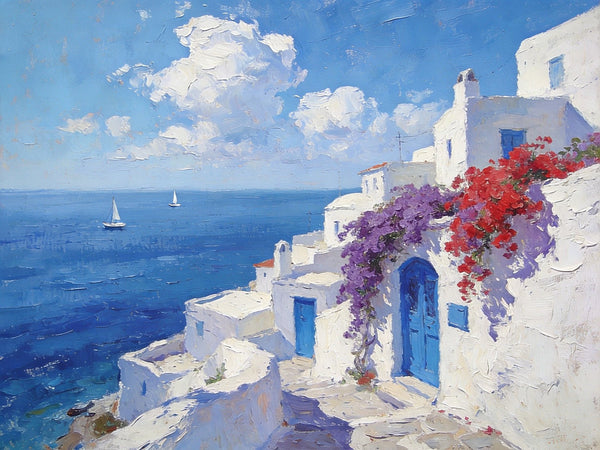 Original Oil Paintings, Santorini's Coastal Serenity, Small Landscape Paintings on Canvas, Palette Knife Wall Art, Landscape Oil Paintings, Hand Painted Canvas Artwork-Grace Painting Crafts