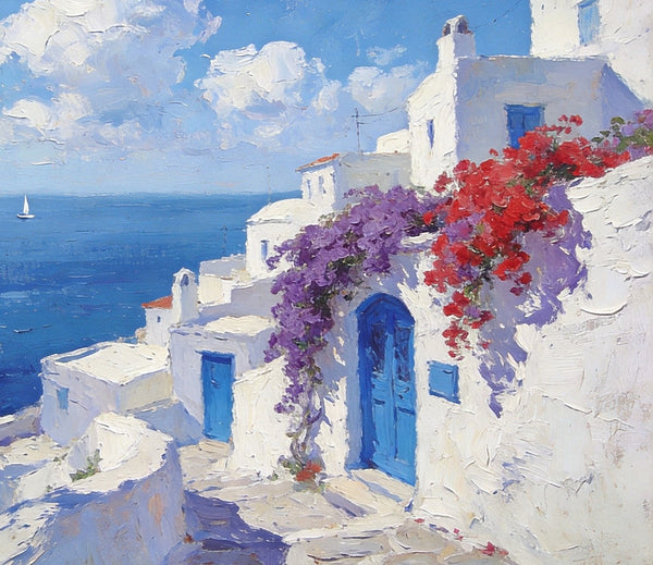 Original Oil Paintings, Santorini's Coastal Serenity, Small Landscape Paintings on Canvas, Palette Knife Wall Art, Landscape Oil Paintings, Hand Painted Canvas Artwork-Grace Painting Crafts