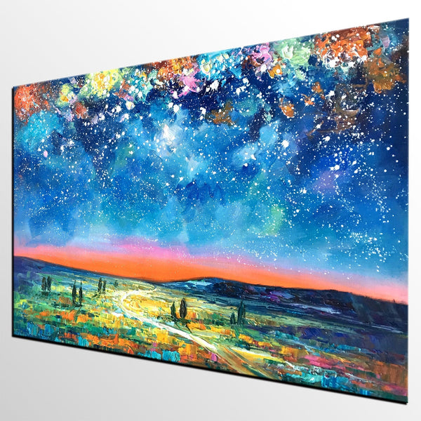 Landscape Oil Paintings, Starry Night Sky Painting, Custom Artwork, Heavy Texture Oil Painting, Landscape Painting for Living Room-Grace Painting Crafts