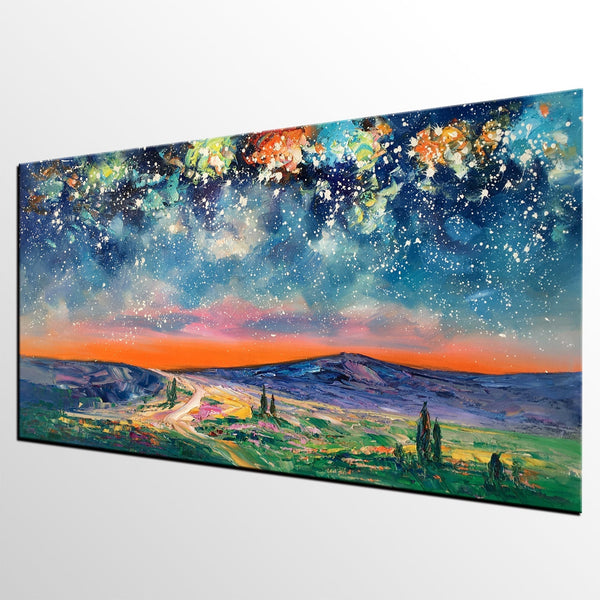 Landscape Oil Painting, Starry Night Sky Painting, Bedroom Wall Art Paintings, Custom Original Painting on Canvas-Grace Painting Crafts