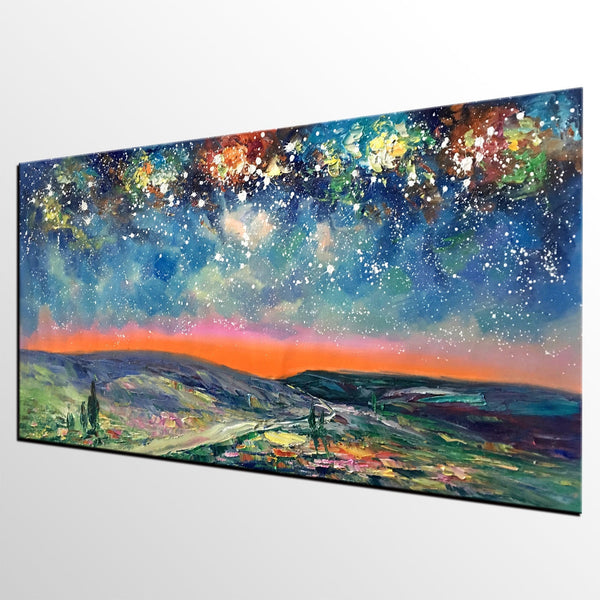 Starry Night Sky Painting, Custom Extra Large Painting, Original Landscape Painting, Canvas Painting for Dining Room-Grace Painting Crafts
