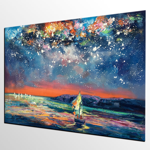 Custom Large Oil Painting, Large Canvas Art Painting, Sail Boat under Starry Night Painting-Grace Painting Crafts