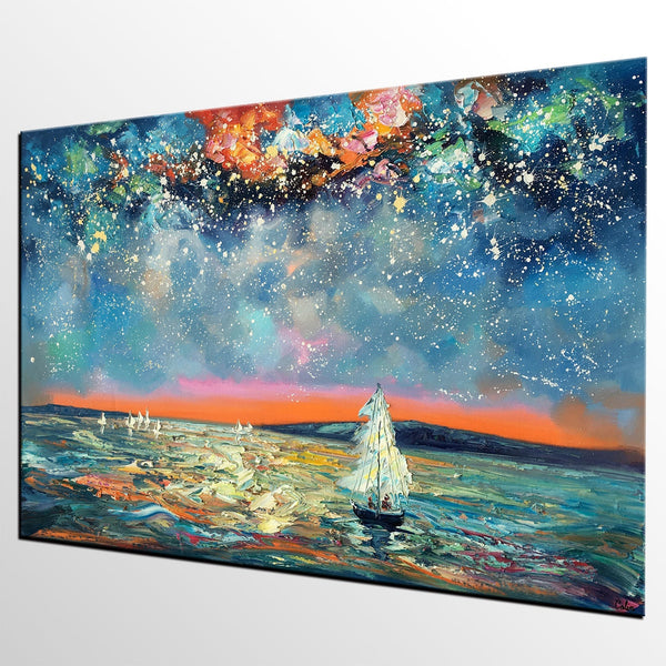 Large Canvas Art Painting, Custom Large Oil Painting, Sail Boat under Starry Night Painting-Grace Painting Crafts