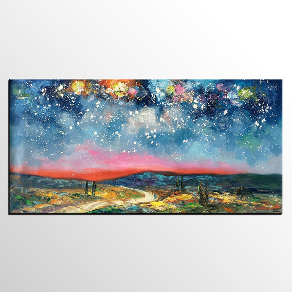 Custom Extra Large Painting, Starry Night Sky Painting, Original Landscape Painting, Canvas Painting for Dining Room-Grace Painting Crafts
