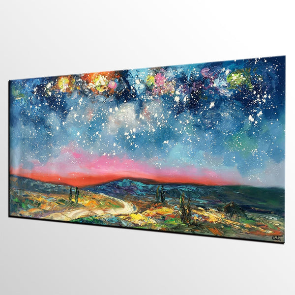 Custom Extra Large Painting, Starry Night Sky Painting, Original Landscape Painting, Canvas Painting for Dining Room-Grace Painting Crafts
