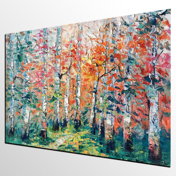 Abstract Landscape Painting, Custom Canvas Painting for Living Room, Heavy Texture Canvas Painting, Autumn Birch Tree-Grace Painting Crafts