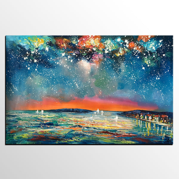 Buy Art Online, Abstract Art for Sale, Sail Boat under Starry Night Sky Painting, Custom Art-Grace Painting Crafts