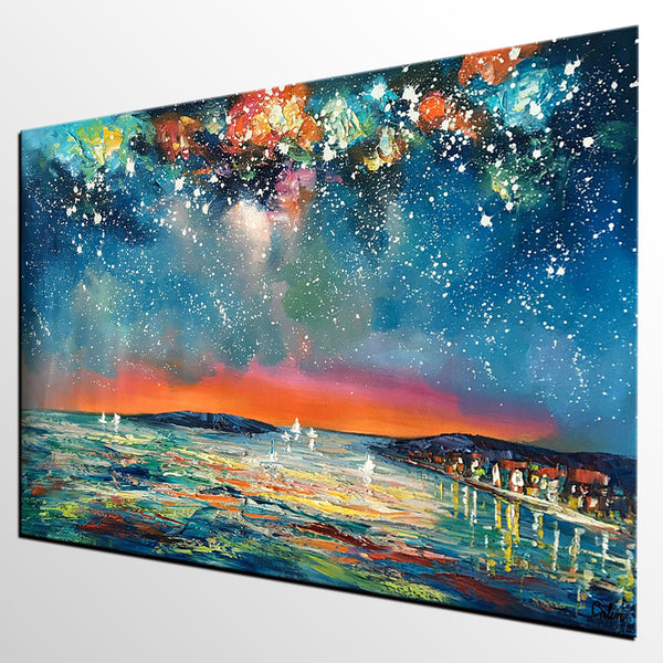 Buy Art Online, Abstract Art for Sale, Sail Boat under Starry Night Sky Painting, Custom Art-Grace Painting Crafts