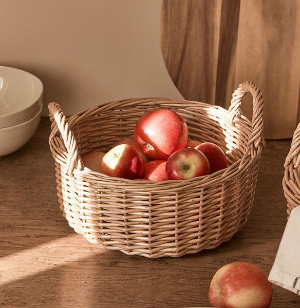 Picnic Fruit Basket with Handle, Kitchen Storage Baskets, Natural Hand-woven Wicker Round Storage Basket, Lovely Willow Weaving Baskets for Vegetable, Natural Fruit Storage Basket-Grace Painting Crafts