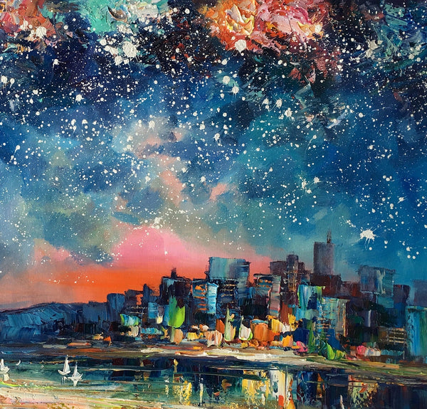 Abstract Oil Painting for Sale, Sail Boat under Starry Night Sky Painting, Custom Original Painting, Landscape Painting-Grace Painting Crafts