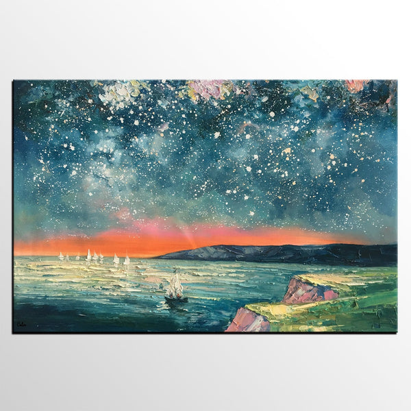 Heavy Texture Painting, Landscape Oil Painting, Starry Night Sky Painting, Custom Large Canvas Painting-Grace Painting Crafts