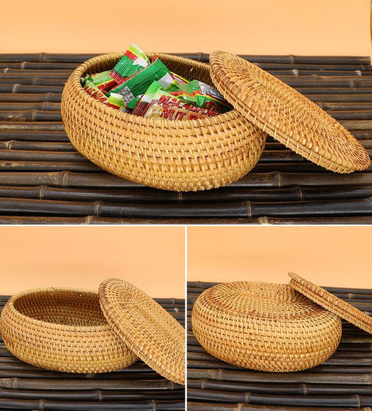 Storage Basket for Kitchen, Small Rattan Storage Basket, Round Storage Basket with Lid, Pantry Storage Ideas-Grace Painting Crafts