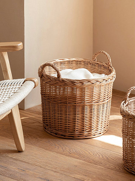 Round Storage Basket for Clothes, Natural Hand-woven Wicker Storage Basket for Clothes, Extra Large Kitchen Storage Baskets, Willow Weaving Baskets for Clothes-Grace Painting Crafts