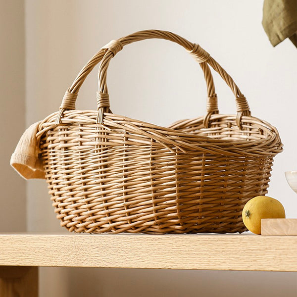 Large Kitchen Storage Baskets, Picnic Storage Basket with Handle, Hand-woven Wicker Storage Basket, Willow Weaving Baskets for Vegetable, Natural Fruit Basket-Grace Painting Crafts