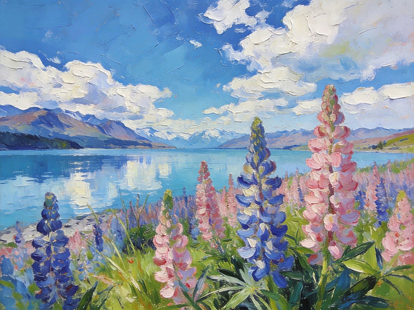 Stunning New Zealand Lake Landscape, Lupins in Bloom, Landscape Paintings on Canvas, Original Oil Paintings, Palette Knife Oil Paintings, Small Landscape Paintings, Hand Painted Canvas Artwork-Grace Painting Crafts
